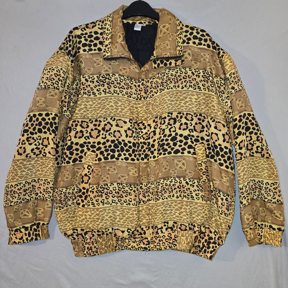 Fu Da International Bomber Jacket M Womens Gold Silk Leopard Tribal Vintage 90s - Picture 1 of 5